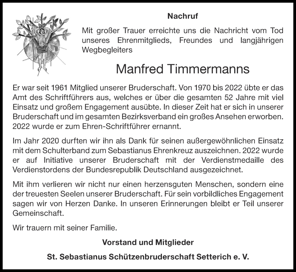  Traueranzeige für Manfred Timmermanns vom 07.12.2025 aus Zeitung am Sonntag