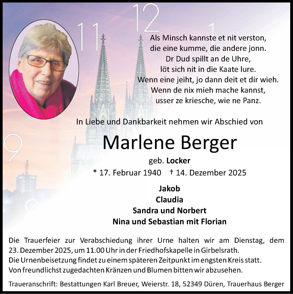  Traueranzeige für Marlene Berger vom 21.12.2025 aus Zeitung am Sonntag