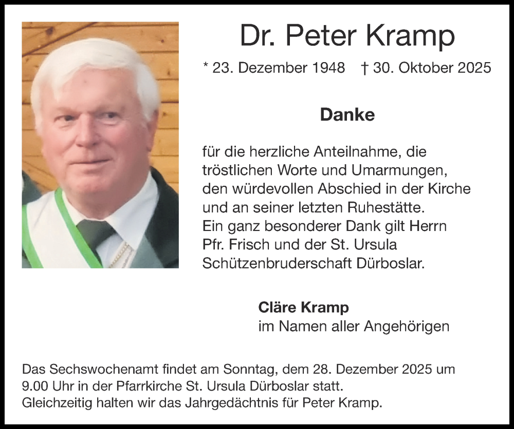  Traueranzeige für Peter Kramp vom 21.12.2025 aus Zeitung am Sonntag
