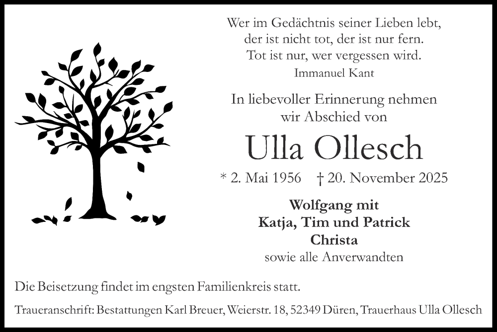  Traueranzeige für Ulla Ollesch vom 07.12.2025 aus Zeitung am Sonntag