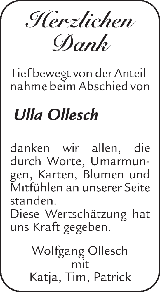  Traueranzeige für Ulla Ollesch vom 14.12.2025 aus Zeitung am Sonntag