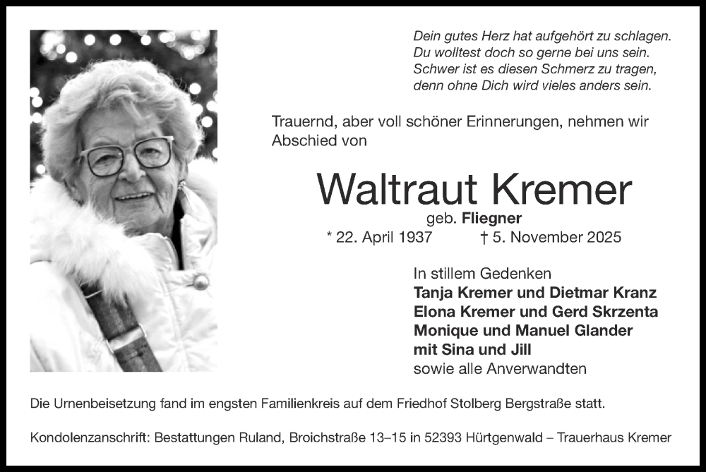  Traueranzeige für Waltraut Kremer vom 21.12.2025 aus Zeitung am Sonntag
