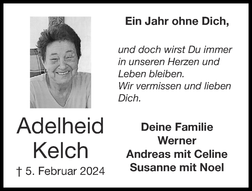  Traueranzeige für Adelheid Kelch vom 02.02.2025 aus Zeitung am Sonntag