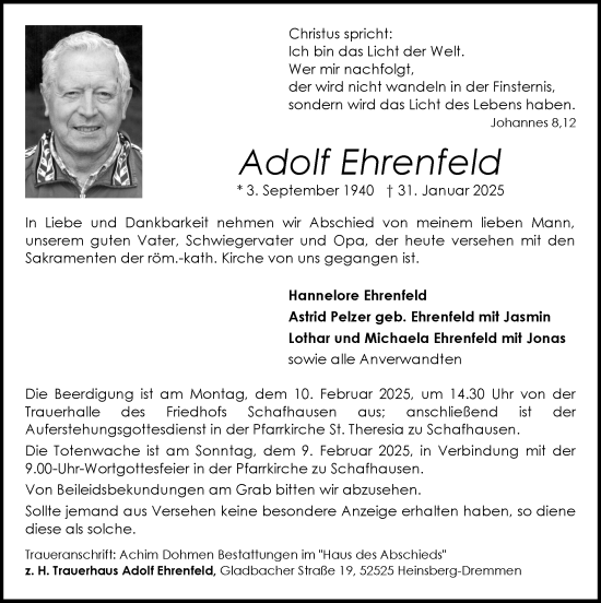 Traueranzeige von Adolf Ehrenfeld von Zeitung am Sonntag