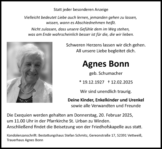 Traueranzeige von Agnes Bonn von Zeitung am Sonntag