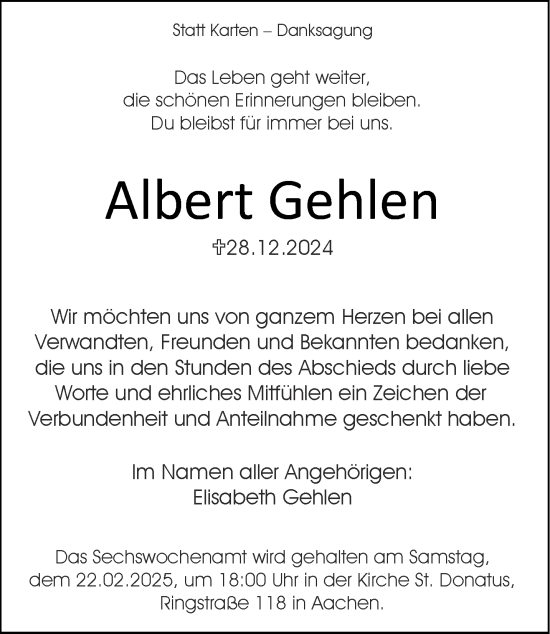 Traueranzeige von Albert Gehlen von Aachener Zeitung