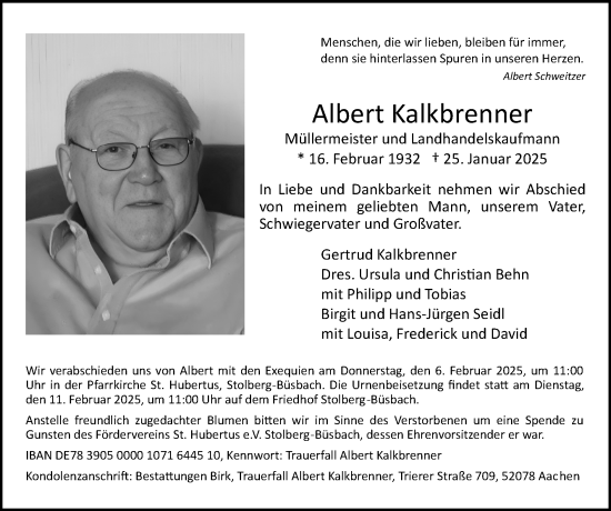 Traueranzeige von Albert Kalkbrenner von Zeitung am Sonntag