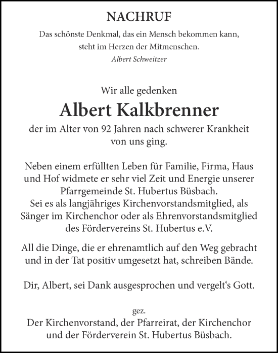 Traueranzeige von Albert Kalkbrenner von Zeitung am Sonntag