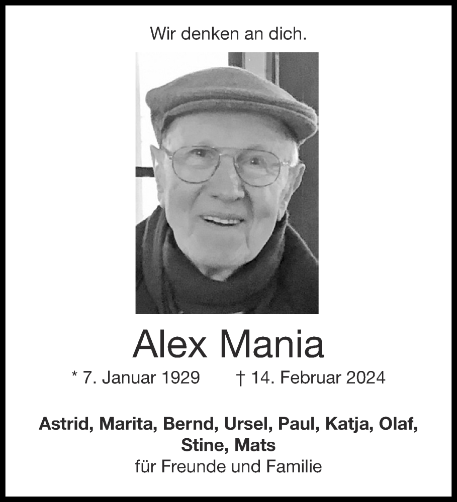  Traueranzeige für Alex Mania vom 15.02.2025 aus Aachener Zeitung