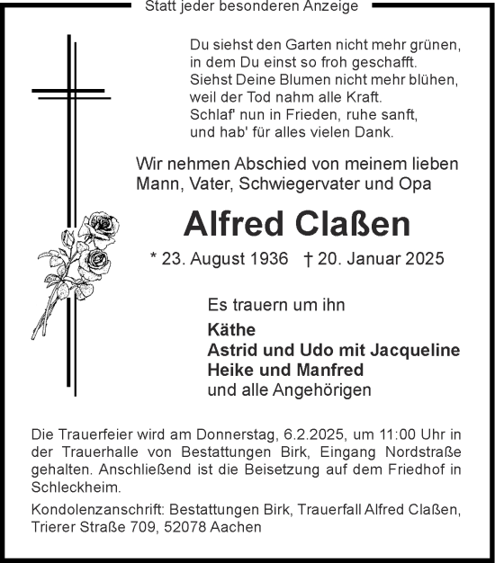 Traueranzeige von Alfred Claßen von Zeitung am Sonntag