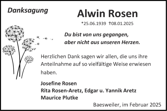 Traueranzeige von Alwin Rosen von Zeitung am Sonntag