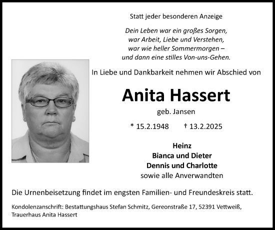 Traueranzeige von Anita Hassert von Zeitung am Sonntag