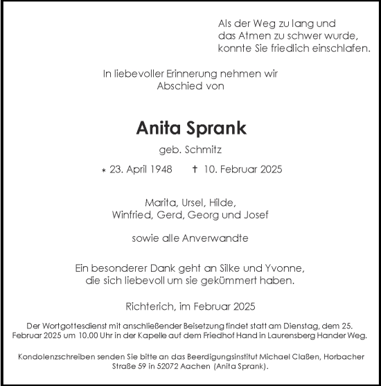 Traueranzeige von Anita Sprank von Zeitung am Sonntag