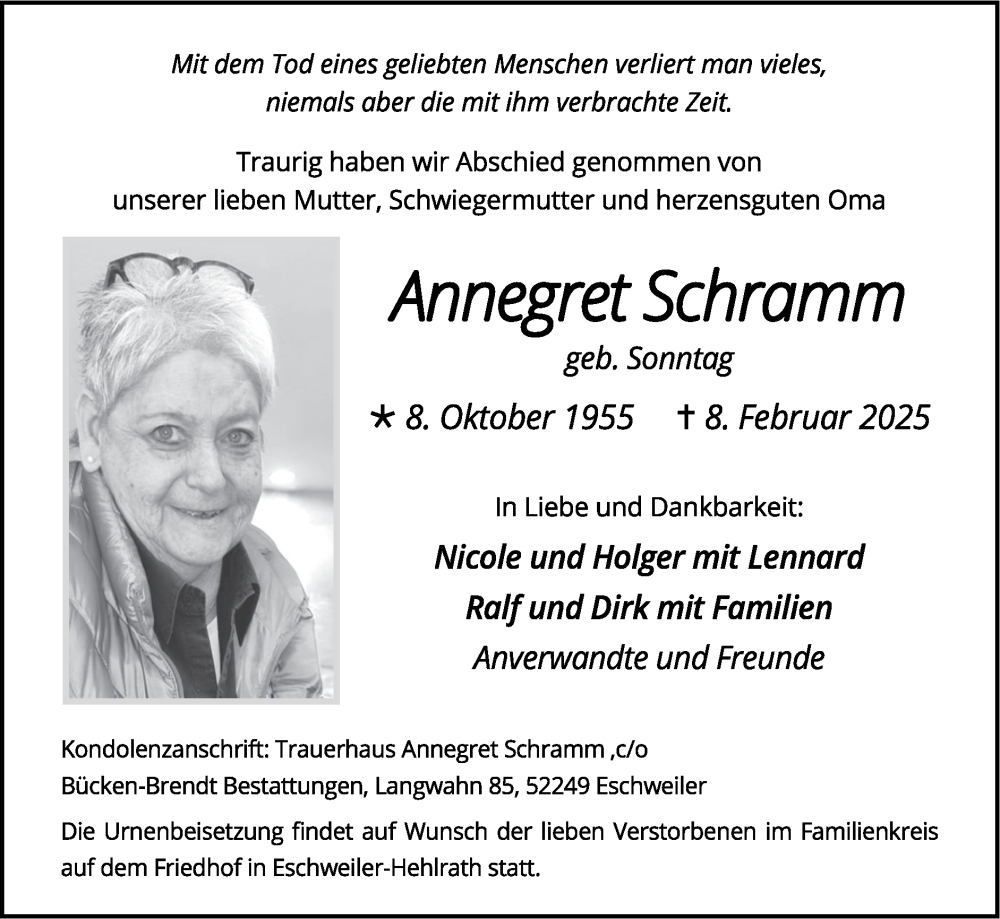  Traueranzeige für Annegret Schramm vom 23.02.2025 aus Zeitung am Sonntag