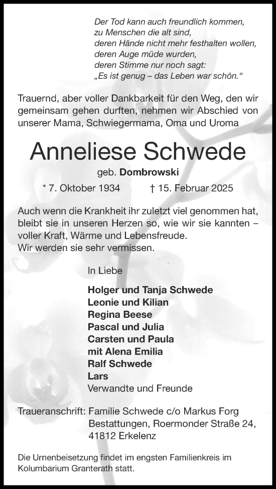 Traueranzeige von Anneliese Schwede von Zeitung am Sonntag