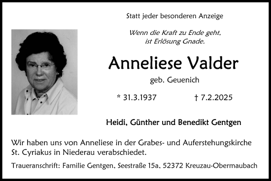 Traueranzeige von Anneliese Valder von Zeitung am Sonntag