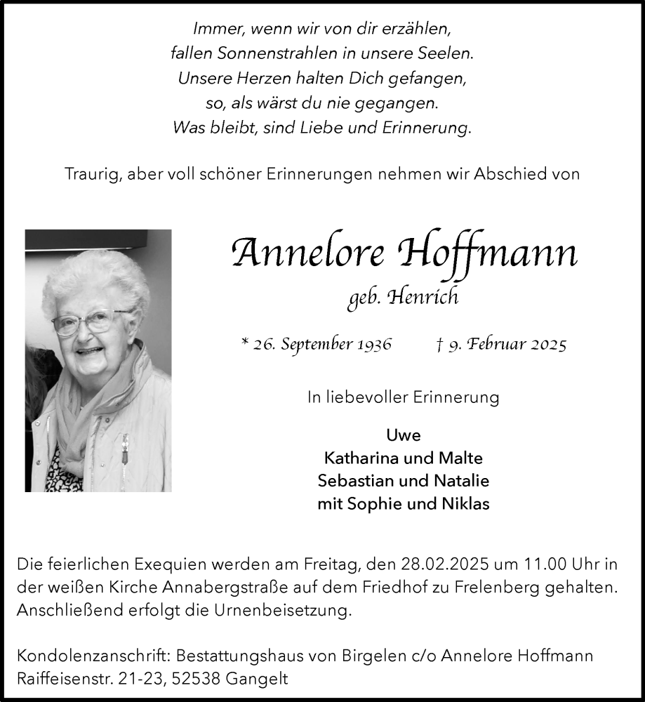  Traueranzeige für Annelore Hoffmann vom 16.02.2025 aus Zeitung am Sonntag