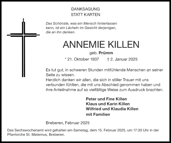 Traueranzeige von Annemie Killen von Zeitung am Sonntag
