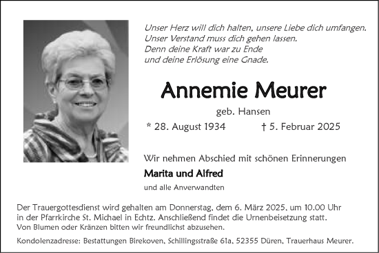Traueranzeige von Annemie Meurer von Zeitung am Sonntag