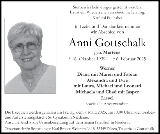 Traueranzeige von Anni Gottschalk von Zeitung am Sonntag