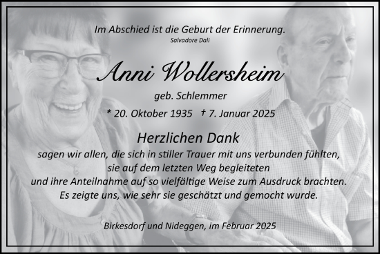 Traueranzeige von Anni Wollersheim von Zeitung am Sonntag