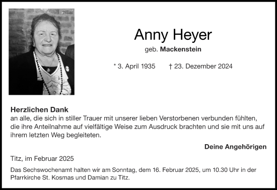 Traueranzeige von Anny Heyer von Zeitung am Sonntag