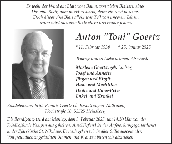 Traueranzeige von Anton Goertz von Zeitung am Sonntag