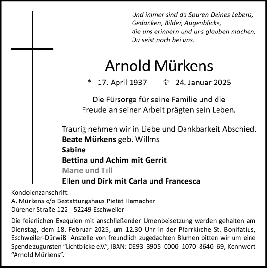 Traueranzeige von Arnold Mürkens von Zeitung am Sonntag