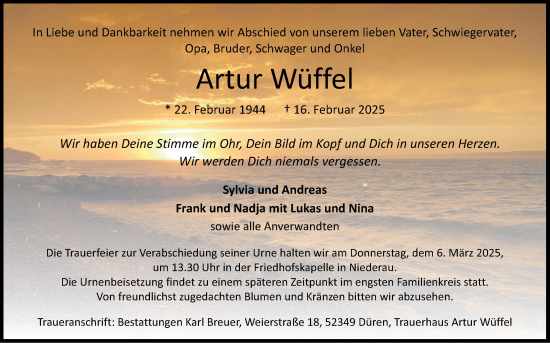 Traueranzeige von Artur Wüffel von Zeitung am Sonntag