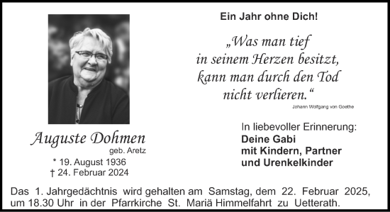 Traueranzeige von Auguste Dohmen von Zeitung am Sonntag