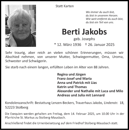 Traueranzeige von Berti Jakobs von Zeitung am Sonntag