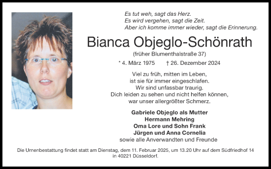 Traueranzeige von Bianca Objeglo-Schönrath von Zeitung am Sonntag