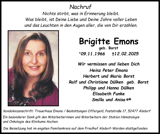 Traueranzeige von Brigitte Emons von Zeitung am Sonntag
