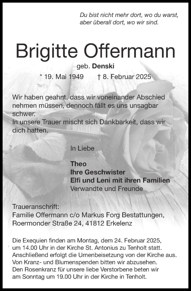  Traueranzeige für Brigitte Offermann vom 16.02.2025 aus Zeitung am Sonntag
