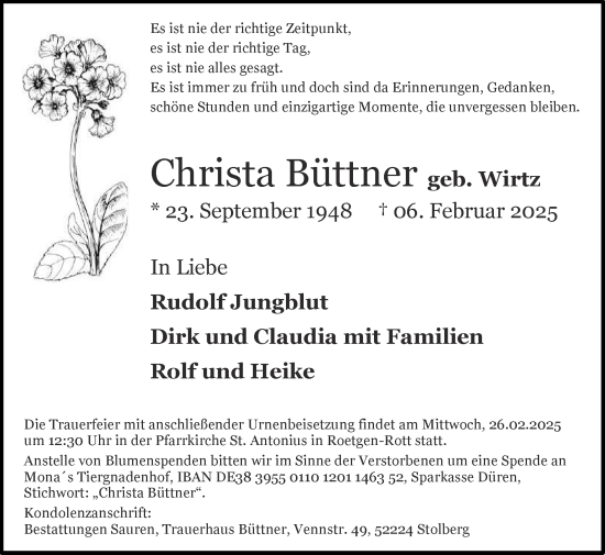 Traueranzeige von Christa Büttner von Zeitung am Sonntag