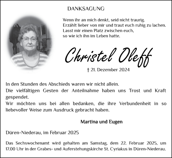 Traueranzeige von Christel Oleff von Zeitung am Sonntag