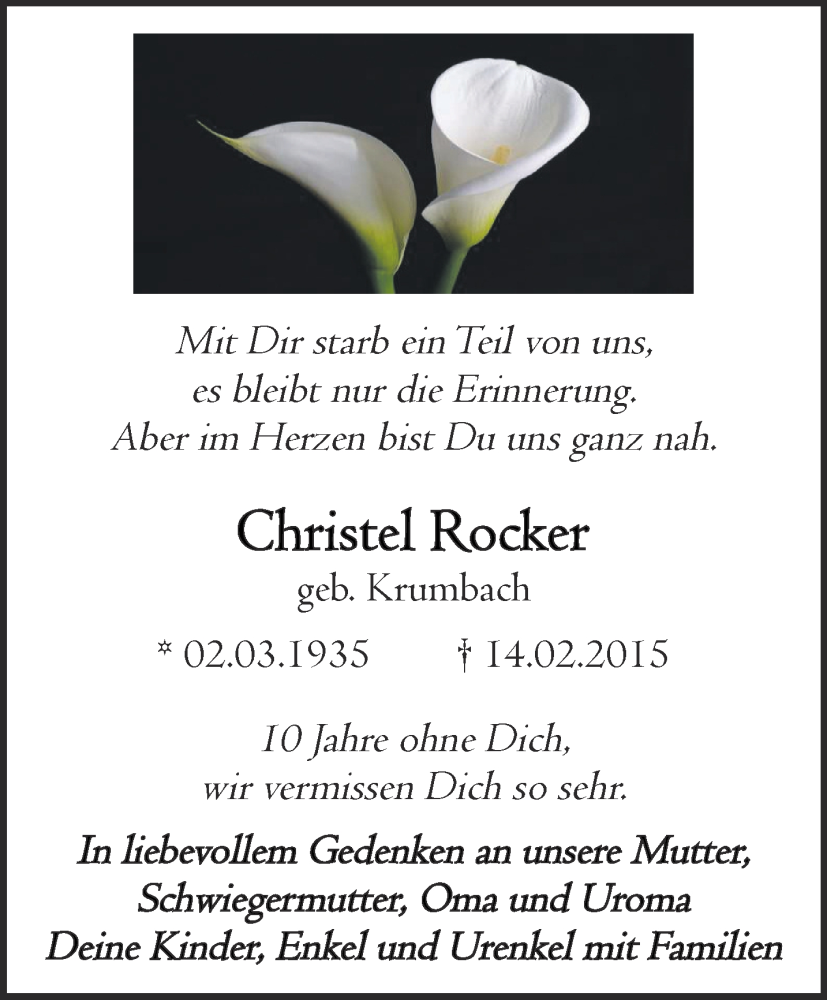  Traueranzeige für Christel Rocker vom 08.02.2025 aus Aachener Zeitung