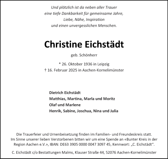 Traueranzeige von Christine Eichstädt von Aachener Zeitung