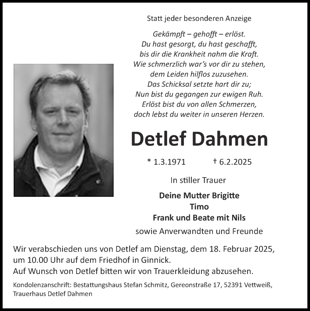  Traueranzeige für Detlef Dahmen vom 16.02.2025 aus Zeitung am Sonntag