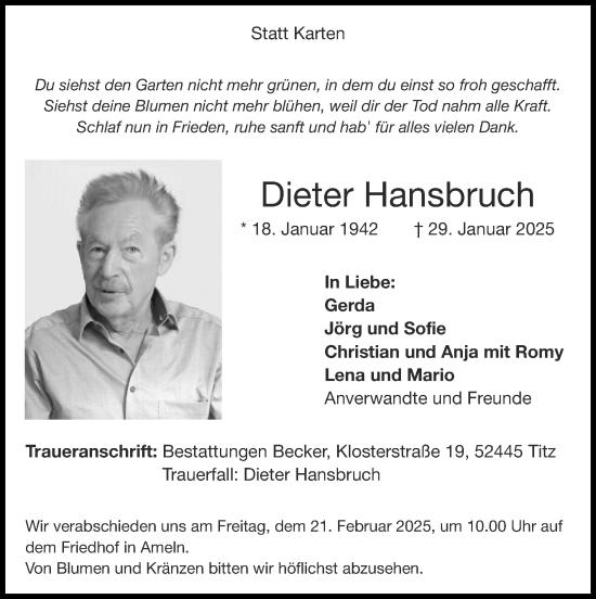 Traueranzeige von Dieter Hansbruch von Zeitung am Sonntag