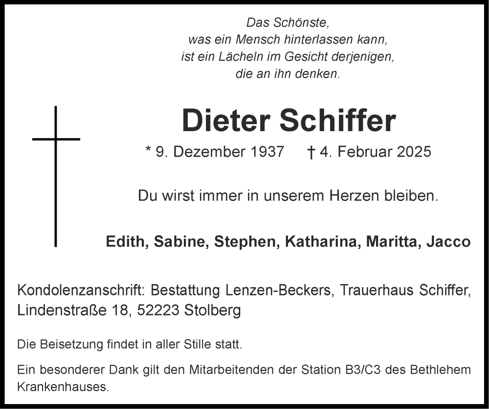  Traueranzeige für Dieter Schiffer vom 23.02.2025 aus Zeitung am Sonntag