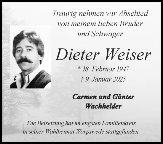 Traueranzeige von Dieter Weiser von Zeitung am Sonntag