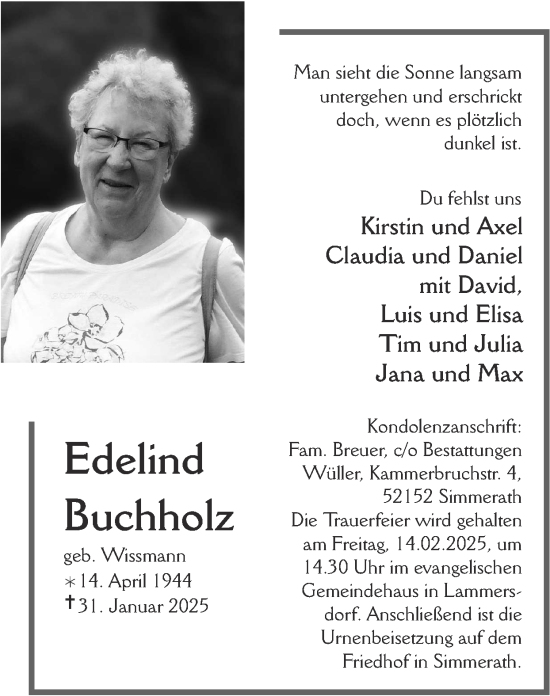 Traueranzeige von Edelind Buchholz von Zeitung am Sonntag