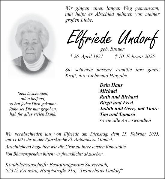 Traueranzeige von Elfriede Undorf von Zeitung am Sonntag