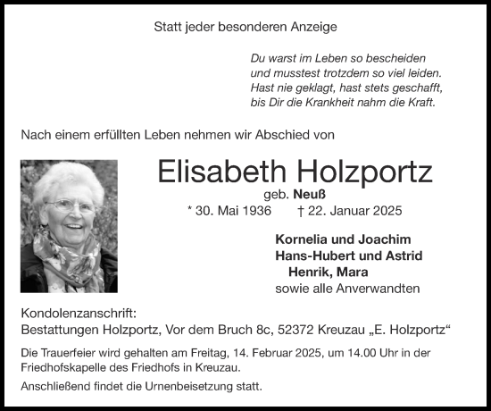 Traueranzeige von Elisabeth Holzportz von Zeitung am Sonntag