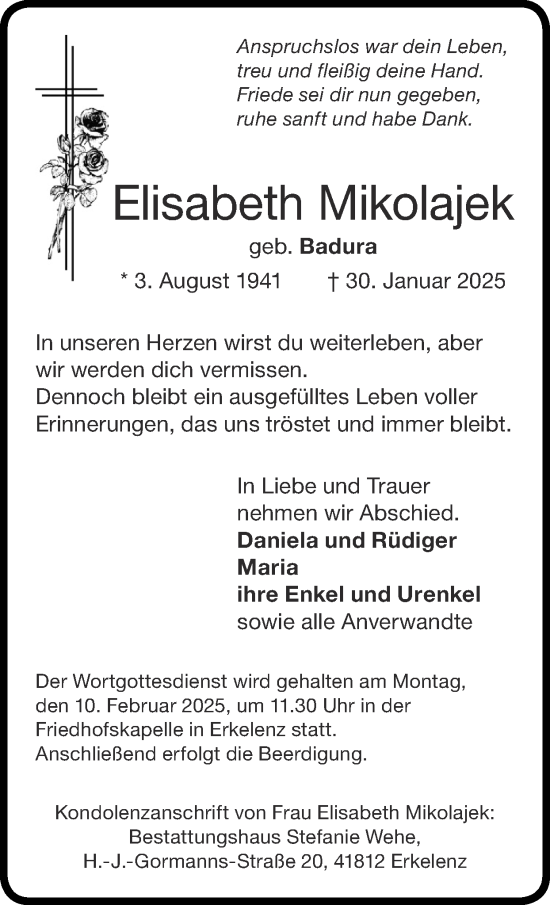 Traueranzeige von Elisabeth Mikolajek von Zeitung am Sonntag