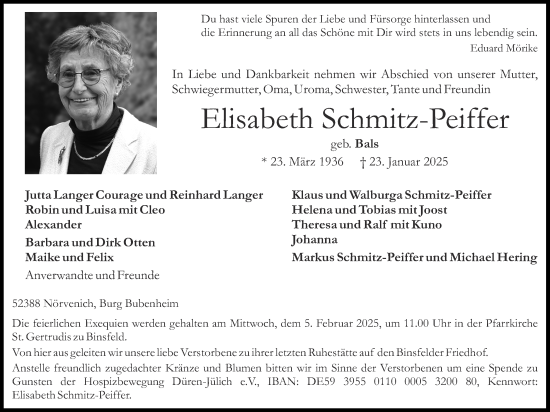 Traueranzeige von Elisabeth Schmitz-Peiffer von Zeitung am Sonntag