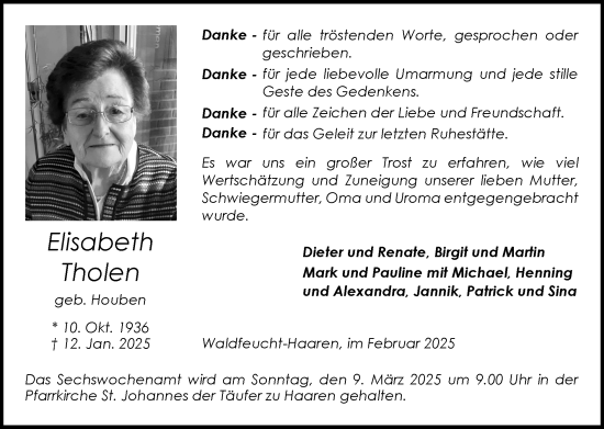 Traueranzeige von Elisabeth Tholen von Zeitung am Sonntag