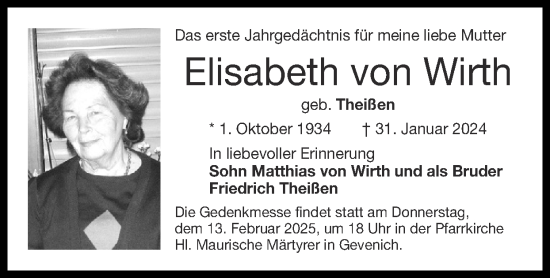 Traueranzeige von Elisabeth von Wirth von Zeitung am Sonntag