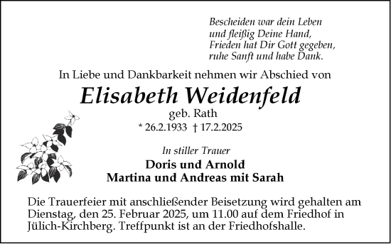 Traueranzeige von Elisabeth Weidenfeld von Zeitung am Sonntag